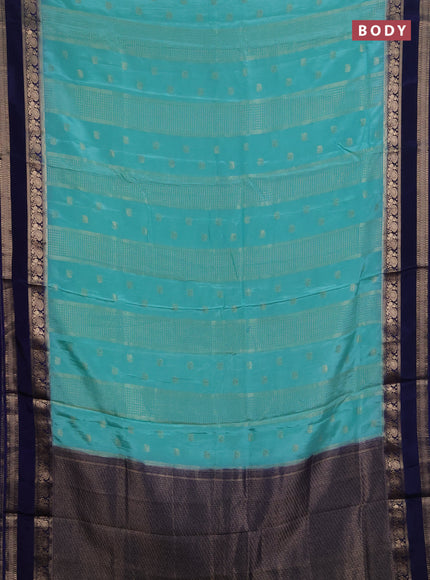 Semi mysore silk saree teal green and navy blue with allover zari checks & buttas and rettapet zari woven border