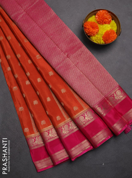 Semi mysore silk saree rust shade and pink with allover zari checks & buttas and rettapet zari woven border