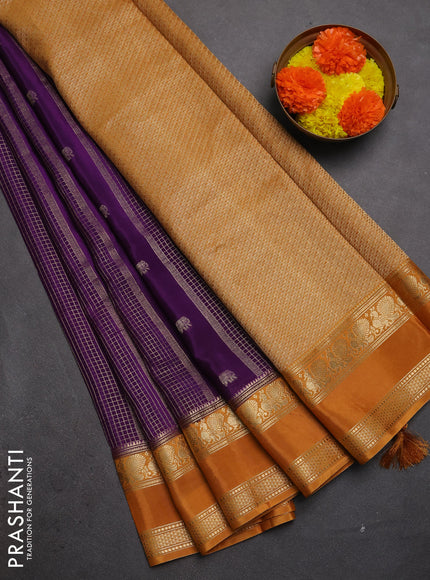 Semi mysore silk saree purple and mustard yellow with allover zari checks & buttas and rettapet zari woven border