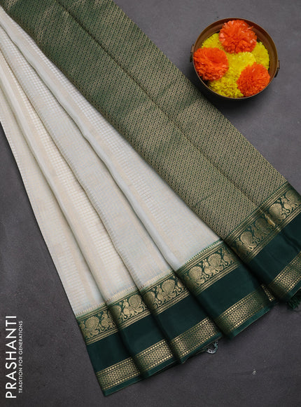 Semi mysore silk saree off white and bottle green with allover zari checks & buttas and rettapet zari woven border