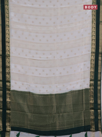 Semi mysore silk saree off white and bottle green with allover zari checks & buttas and rettapet zari woven border