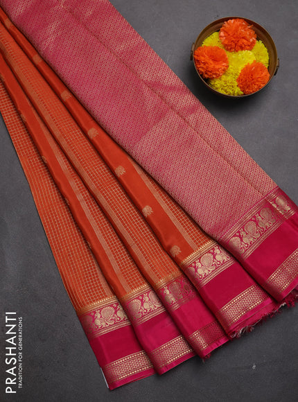 Semi mysore silk saree rust shade and pink with allover zari checks & buttas and rettapet zari woven border