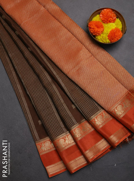 Semi mysore silk saree brown and orange with allover zari checks & buttas and rettapet zari woven border