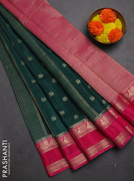 Semi mysore silk saree bottle green and pink with allover zari checks & buttas and rettapet zari woven border