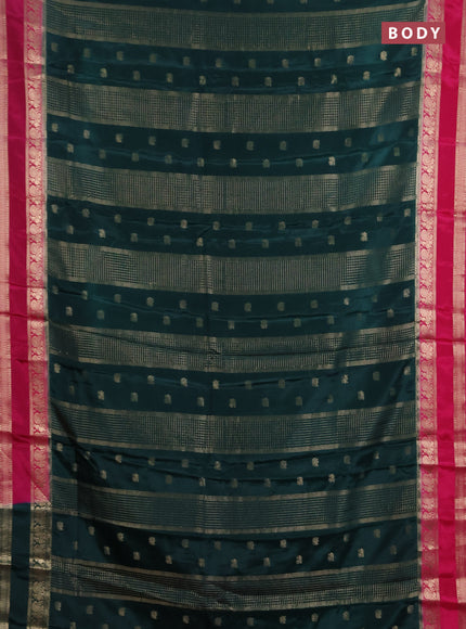 Semi mysore silk saree bottle green and pink with allover zari checks & buttas and rettapet zari woven border
