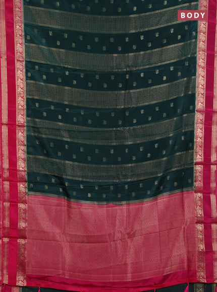 Semi mysore silk saree bottle green and pink with allover zari checks & buttas and rettapet zari woven border