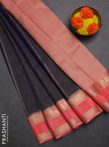 Semi mysore silk saree navy blue and peach orange with allover zari checks & buttas and rettapet zari woven border