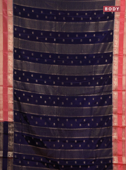 Semi mysore silk saree navy blue and peach orange with allover zari checks & buttas and rettapet zari woven border