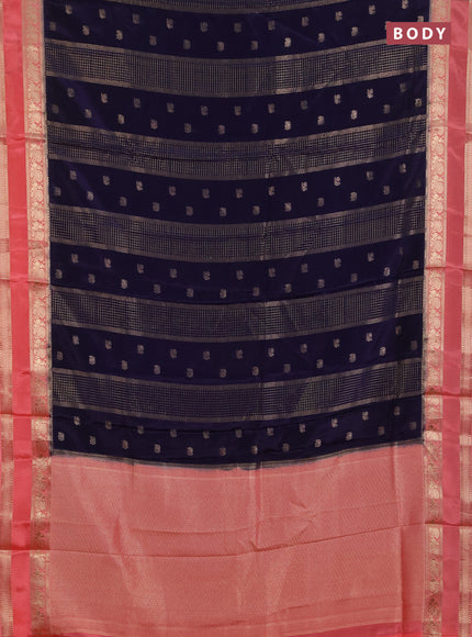 Semi mysore silk saree navy blue and peach orange with allover zari checks & buttas and rettapet zari woven border