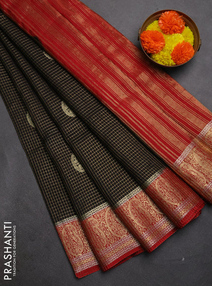 Semi mysore silk saree black and maroon with allover zari checks & buttas and zari woven border