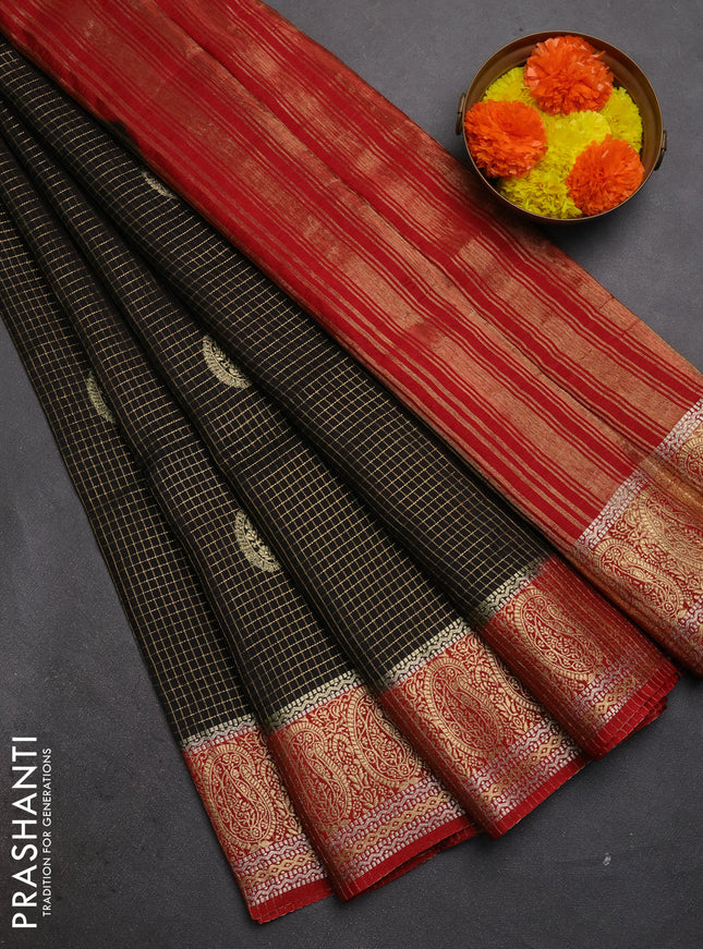 Semi mysore silk saree black and maroon with allover zari checks & buttas and zari woven border