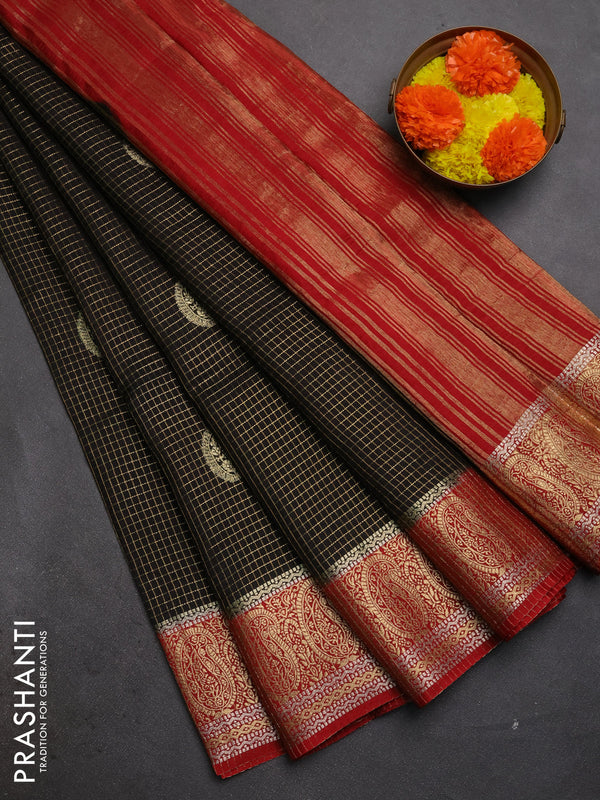 Semi mysore silk saree black and maroon with allover zari checks & buttas and zari woven border