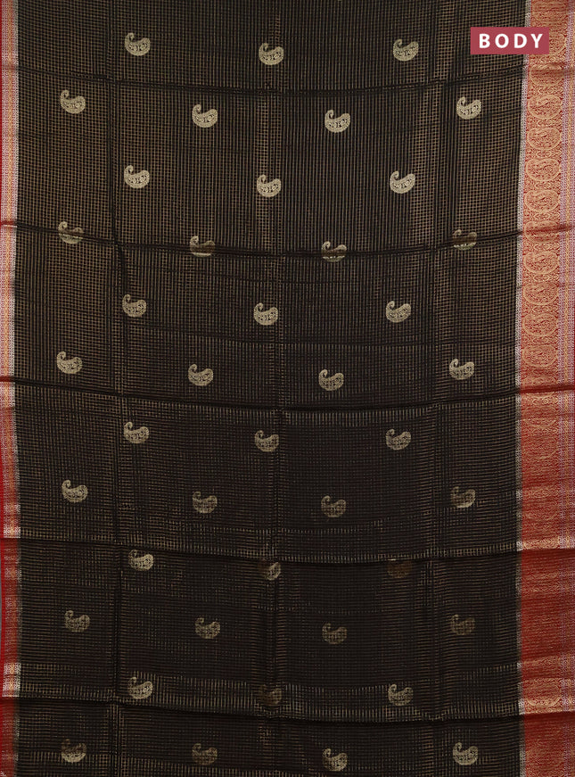 Semi mysore silk saree black and maroon with allover zari checks & buttas and zari woven border