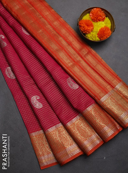 Semi mysore silk saree pink and orange with allover zari checks & buttas and zari woven border
