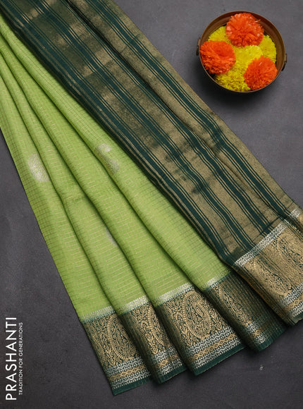 Semi mysore silk saree pista green and green with allover zari checks & buttas and zari woven border