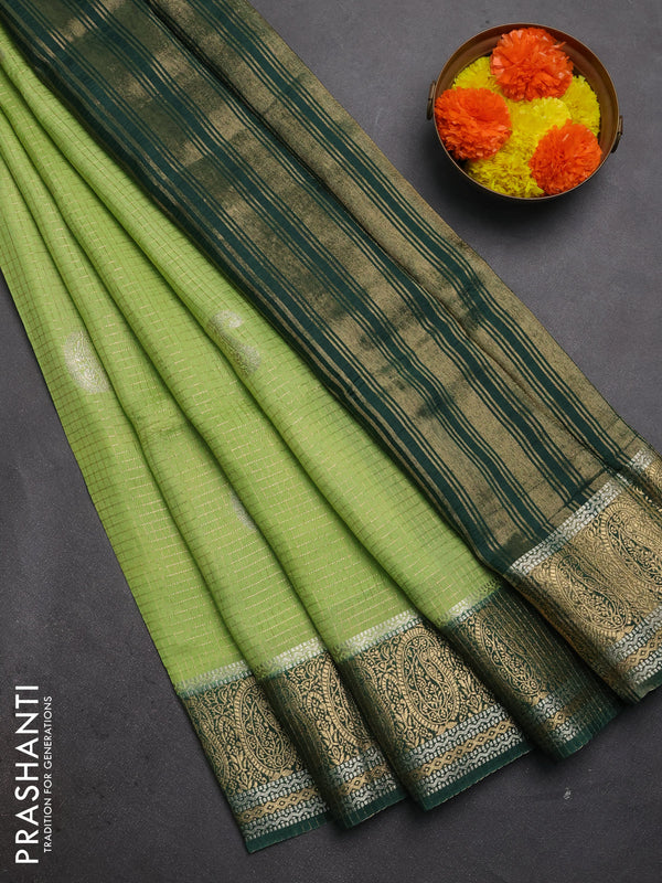 Semi mysore silk saree pista green and green with allover zari checks & buttas and zari woven border