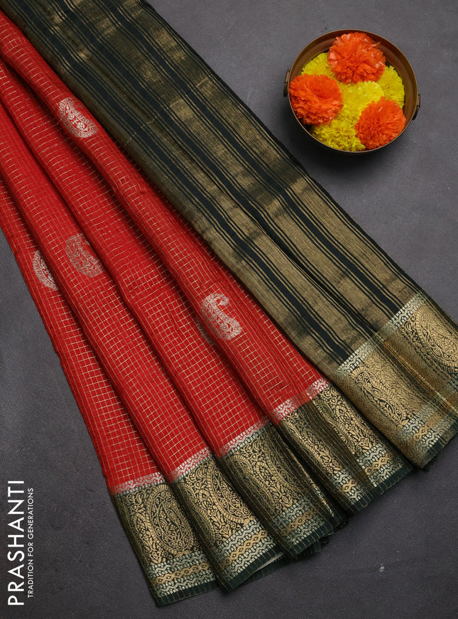 Semi mysore silk saree maroon and bottle green with allover zari checks & buttas and zari woven border