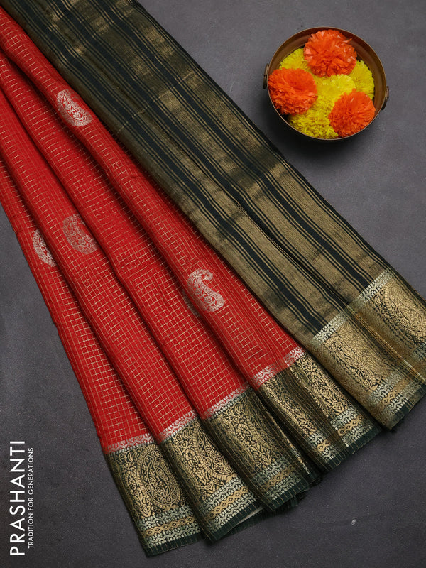 Semi mysore silk saree maroon and bottle green with allover zari checks & buttas and zari woven border