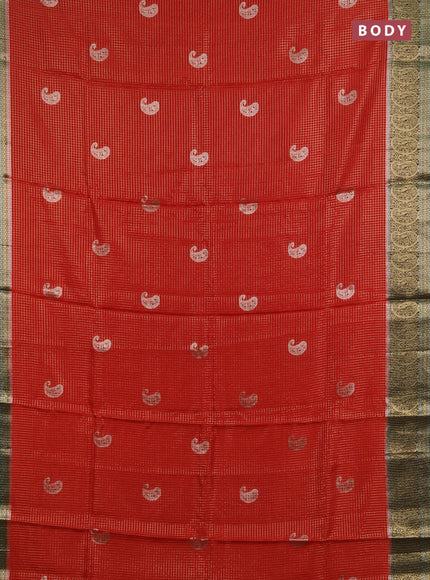 Semi mysore silk saree maroon and bottle green with allover zari checks & buttas and zari woven border