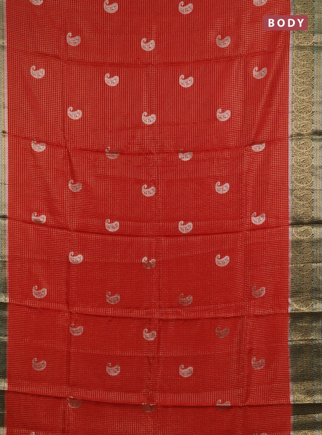 Semi mysore silk saree maroon and bottle green with allover zari checks & buttas and zari woven border