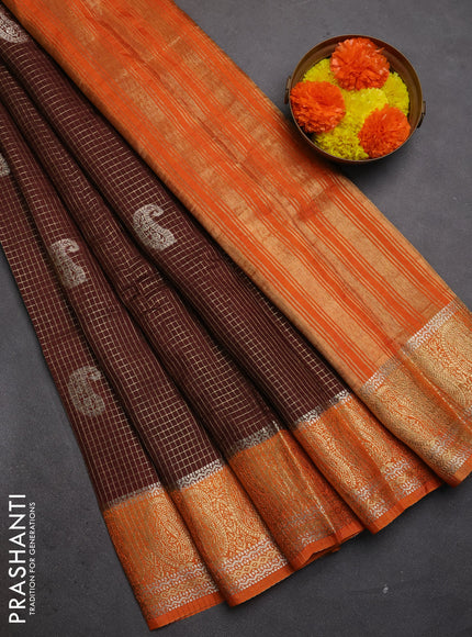 Semi mysore silk saree brown and orange with allover zari checks & buttas and zari woven border