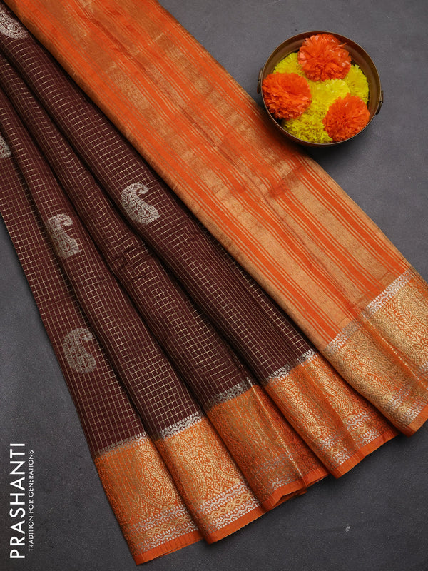 Semi mysore silk saree brown and orange with allover zari checks & buttas and zari woven border