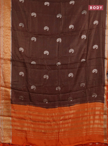 Semi mysore silk saree brown and orange with allover zari checks & buttas and zari woven border