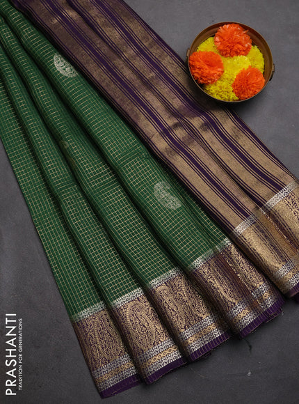 Semi mysore silk saree green and violet with allover zari checks & buttas and zari woven border