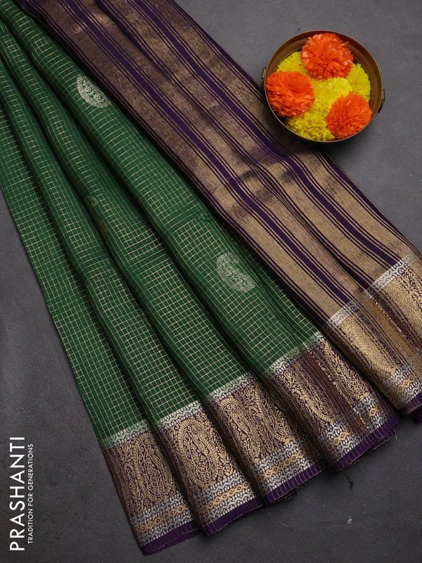 Semi mysore silk saree green and violet with allover zari checks & buttas and zari woven border