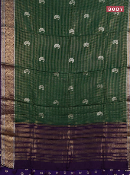 Semi mysore silk saree green and violet with allover zari checks & buttas and zari woven border