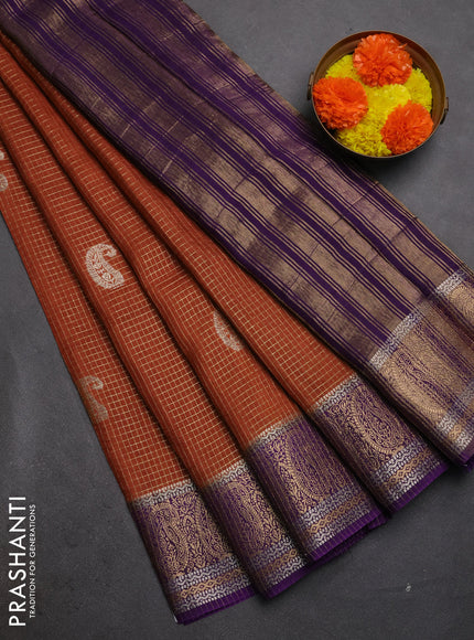 Semi mysore silk saree rust shade and violet with allover zari checks & buttas and zari woven border