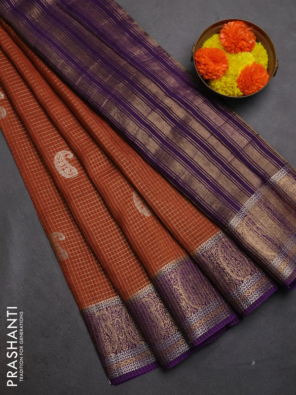 Semi mysore silk saree rust shade and violet with allover zari checks & buttas and zari woven border
