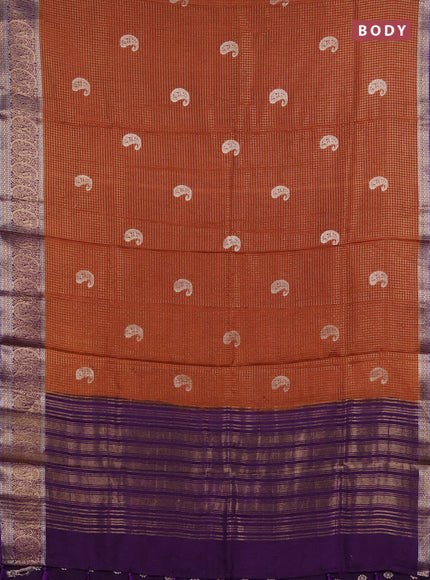 Semi mysore silk saree rust shade and violet with allover zari checks & buttas and zari woven border