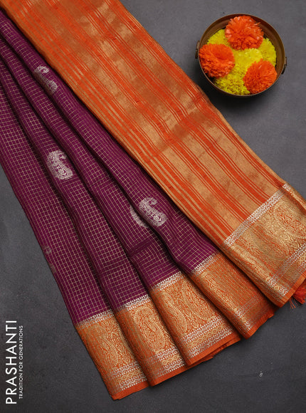 Semi mysore silk saree deep wine and orange with allover zari checks & buttas and zari woven border