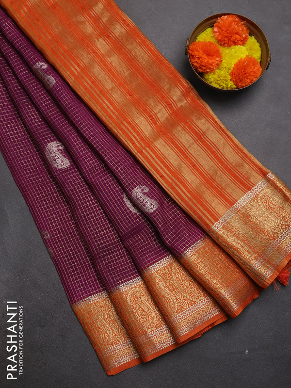 Semi mysore silk saree deep wine and orange with allover zari checks & buttas and zari woven border