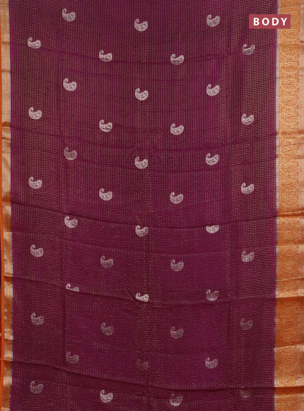 Semi mysore silk saree deep wine and orange with allover zari checks & buttas and zari woven border