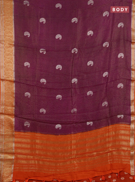 Semi mysore silk saree deep wine and orange with allover zari checks & buttas and zari woven border