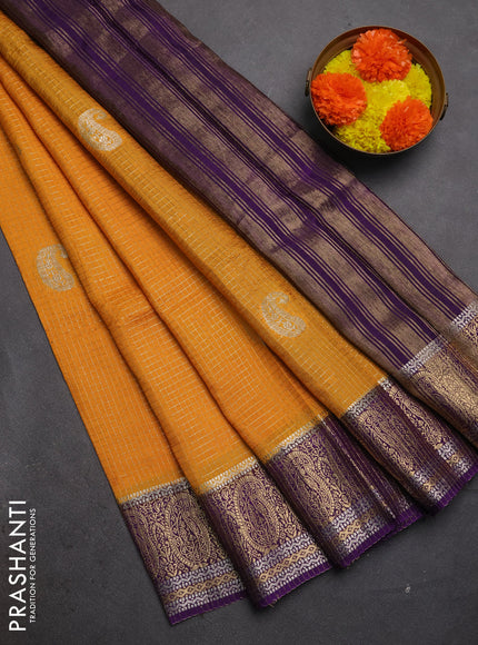Semi mysore silk saree mustard yellow and purple with allover zari checks & buttas and zari woven border