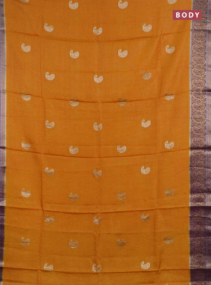 Semi mysore silk saree mustard yellow and purple with allover zari checks & buttas and zari woven border