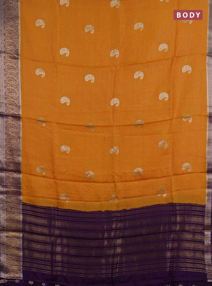 Semi mysore silk saree mustard yellow and purple with allover zari checks & buttas and zari woven border