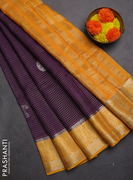 Semi mysore silk saree deep purple and mustard yellow with allover zari checks & buttas and zari woven border