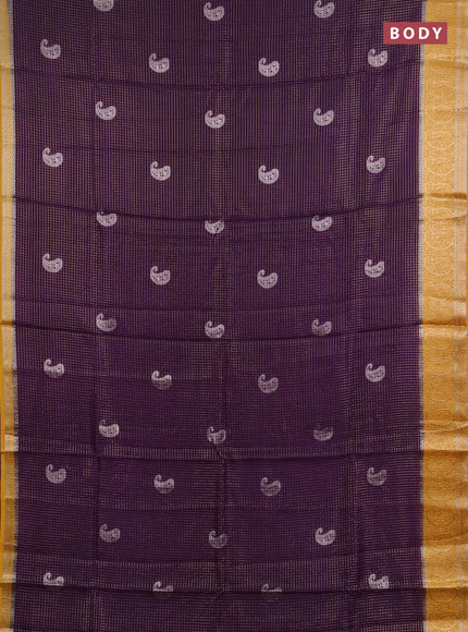 Semi mysore silk saree deep purple and mustard yellow with allover zari checks & buttas and zari woven border