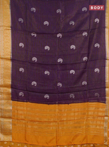 Semi mysore silk saree deep purple and mustard yellow with allover zari checks & buttas and zari woven border