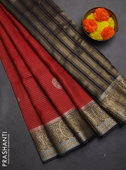 Semi mysore silk saree maroon and navy blue with allover zari checks & buttas and zari woven border