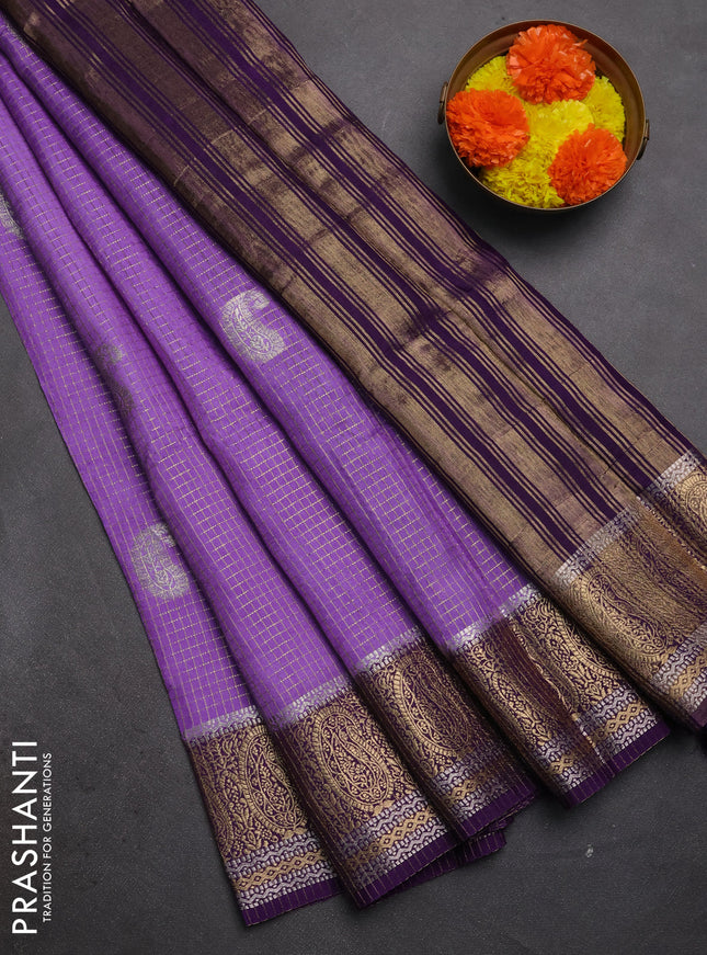 Semi mysore silk saree lavender and purple with allover zari checks & buttas and zari woven border