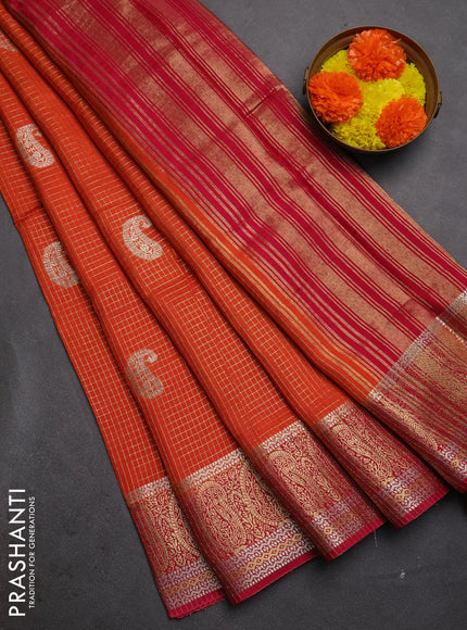 Semi mysore silk saree orange and pink with allover zari checks & buttas and zari woven border