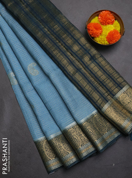 Semi mysore silk saree pastel blue and peacock green with allover zari checks & buttas and zari woven border