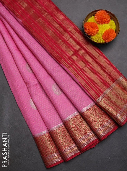 Semi mysore silk saree light pink and pink with allover zari checks & buttas and zari woven border
