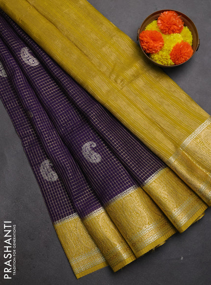 Semi mysore silk saree violet and lime yellow with allover zari checks & buttas and zari woven border
