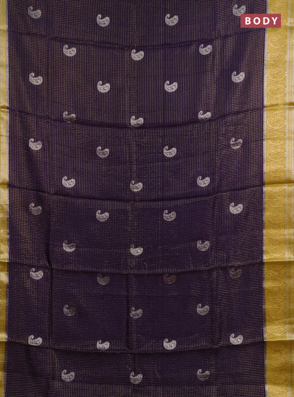 Semi mysore silk saree violet and lime yellow with allover zari checks & buttas and zari woven border